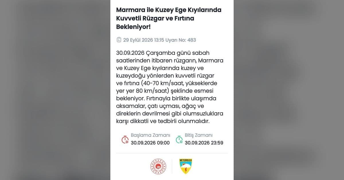 Meteoroloji açıkladı: Marmara ve Kuzey Ege’de fırtına bekleniyor