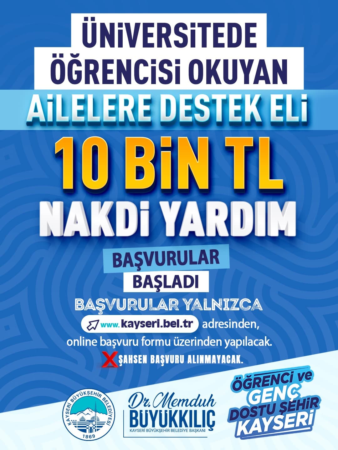 Kayseri Büyükşehir Belediyesi'nden İhtiyaç Sahibi Üniversiteli Ailelerine 10 Bin TL Destek