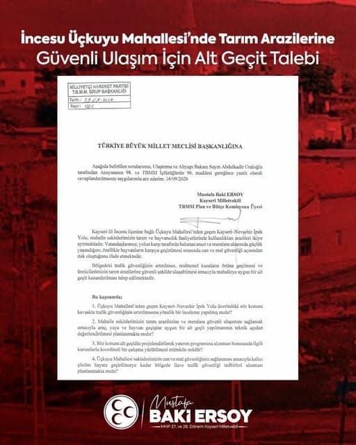 MHP'li Baki Ersoy İncesu'daki Ulaşım Sorununu TBMM'ye Taşıdı