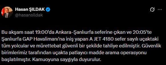 Vali Şıldak: "Yolcular ve mürettebat güvenli bir şekilde tahliye edildi"
