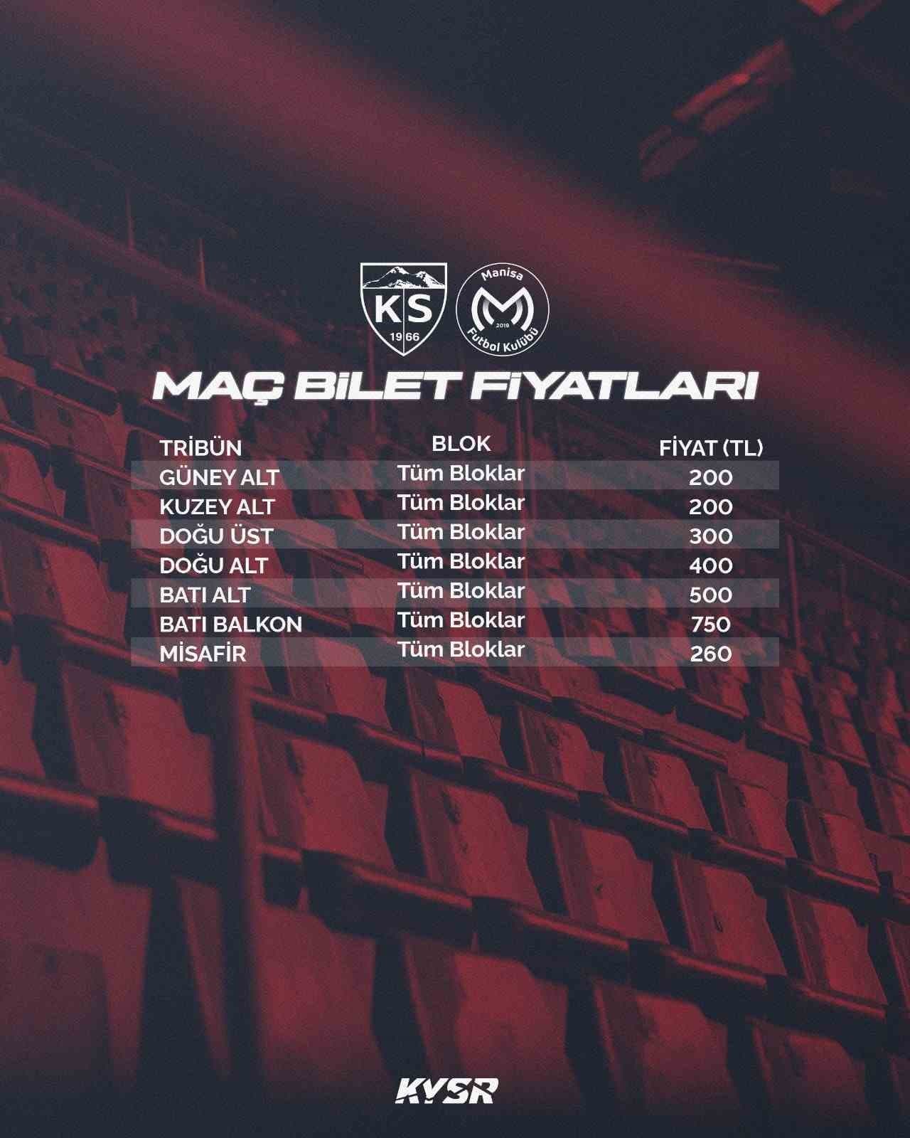 Kayserispor-Manisa FK maçının bilet fiyatları belli oldu