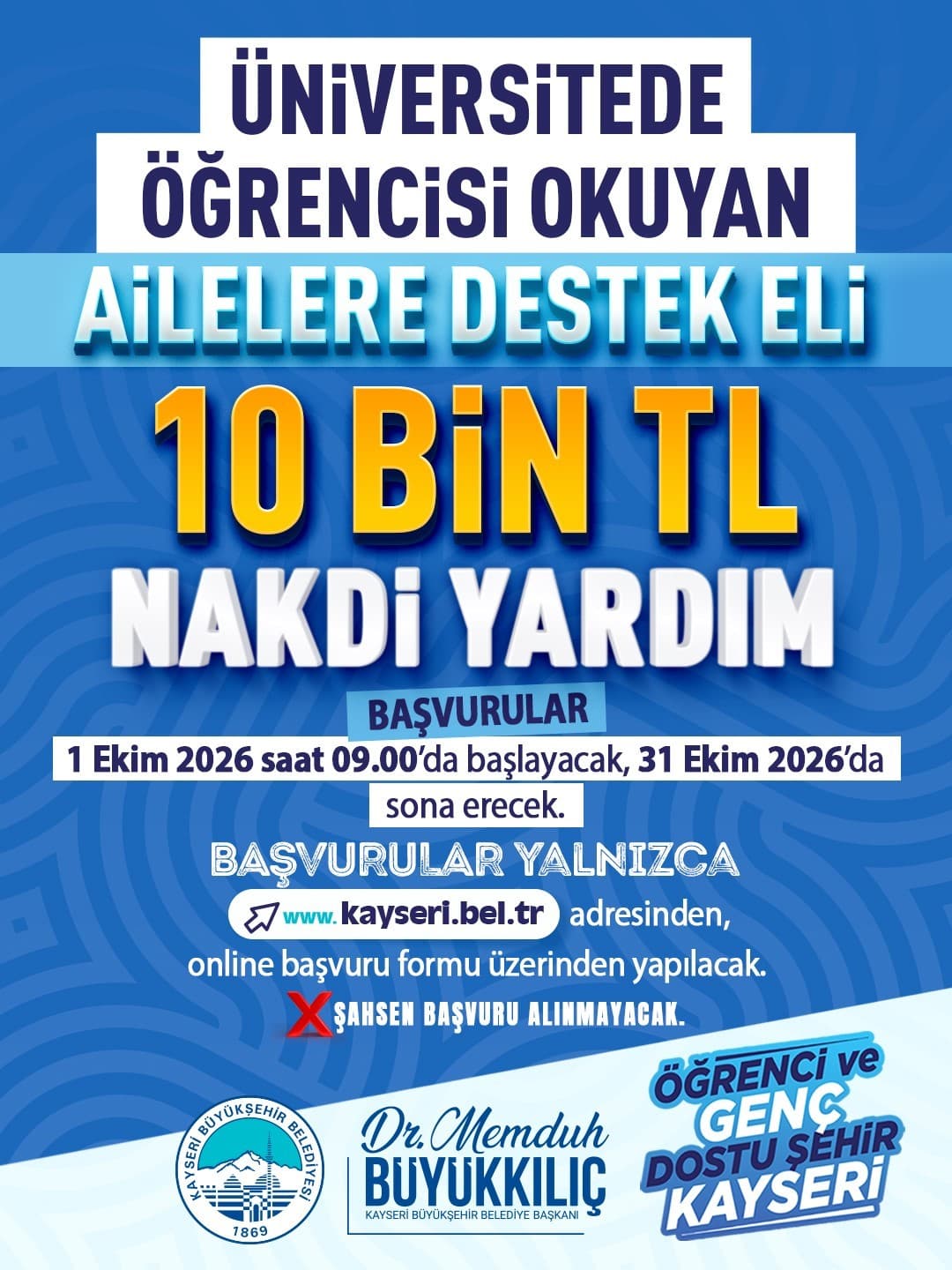 Kayseri Büyükşehir’den üniversiteli öğrencisi bulunan ailelere 10 bin TL destek