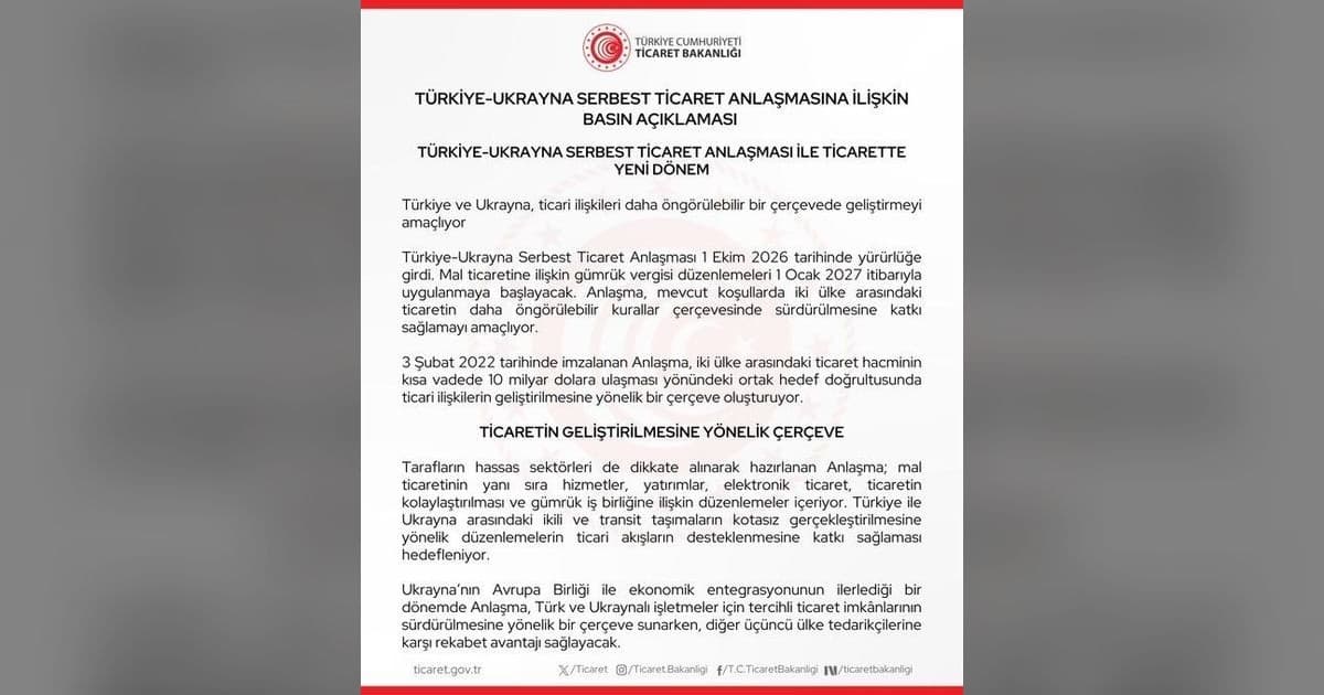 Türkiye ile Ukrayna Arasında Serbest Ticaret Anlaşması Resmen Yürürlüğe Girdi