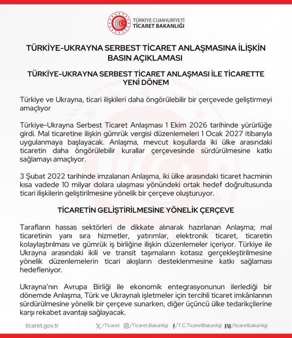 Türkiye ile Ukrayna Arasındaki Serbest Ticaret Anlaşması Resmen Yürürlüğe Girdi